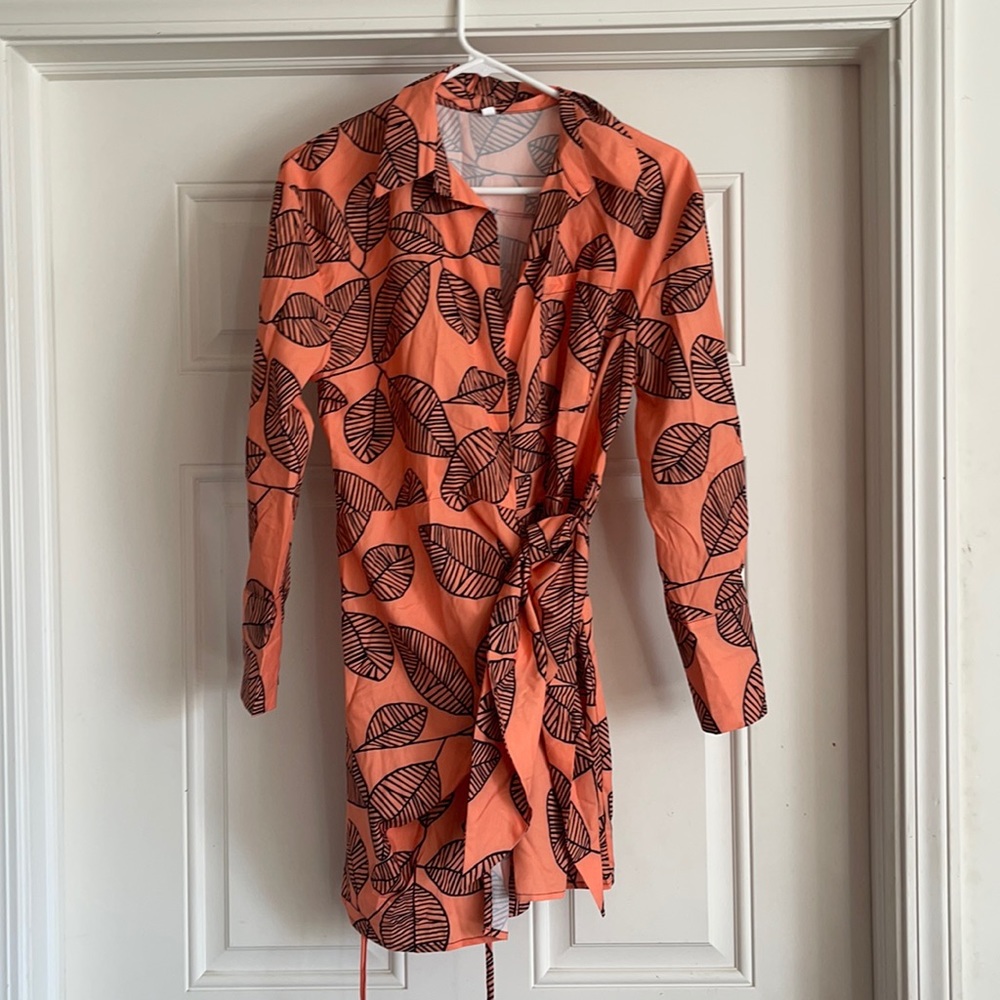 Never worn orange leaf print wrap shirt dress